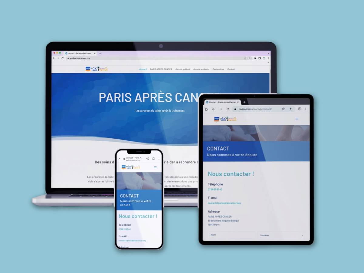 Site internet Paris après Cancer aperçu page sur ordinateur et tablette et téléphone